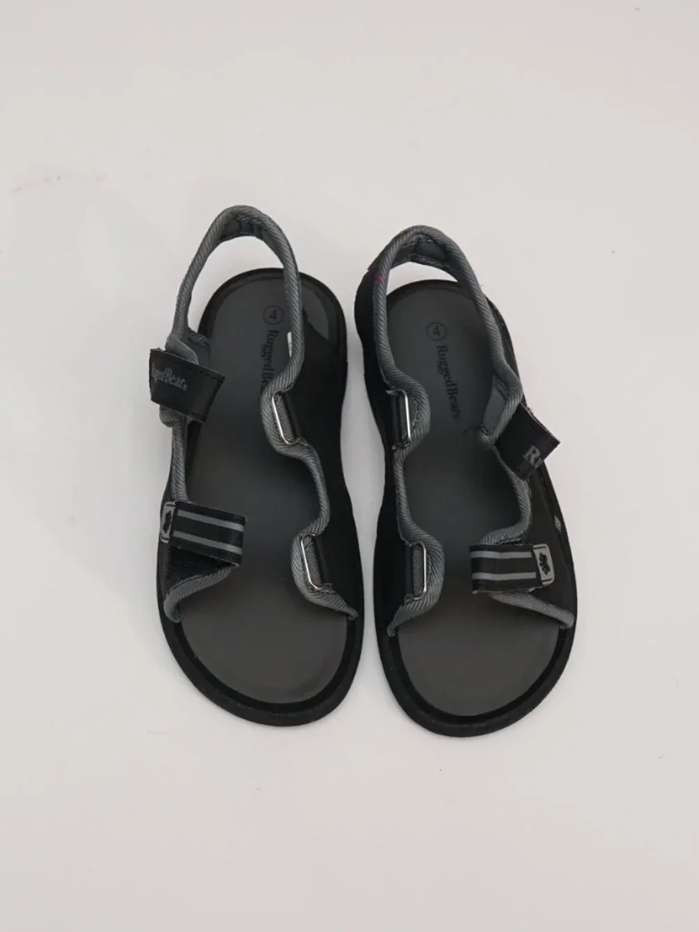 Rugged Bear Kids Black Gray Sandals Adjustable Straps Paw Print Accents size 4